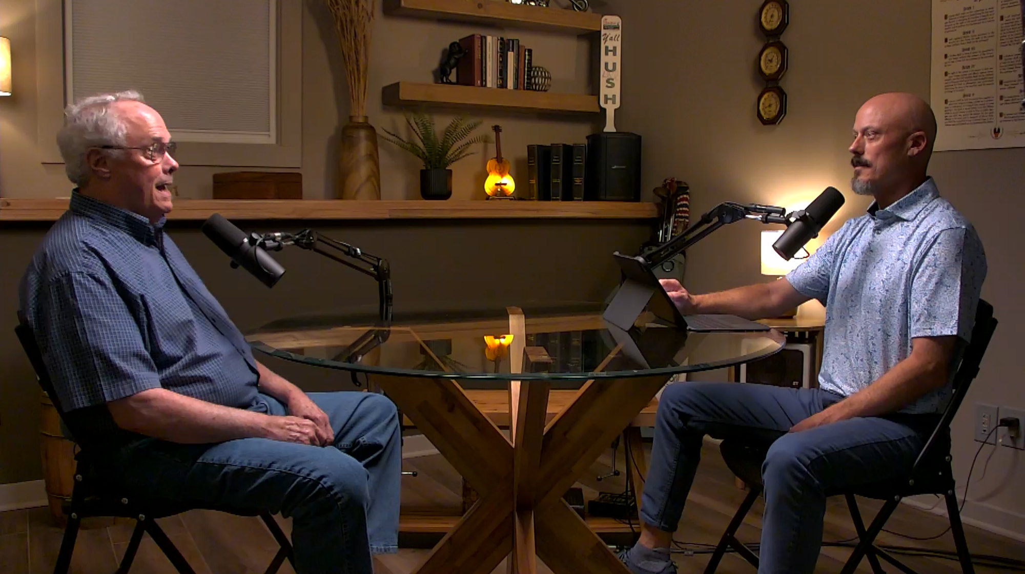 Joe Watkins in conversation with his dad at the FIBERS™ studio table